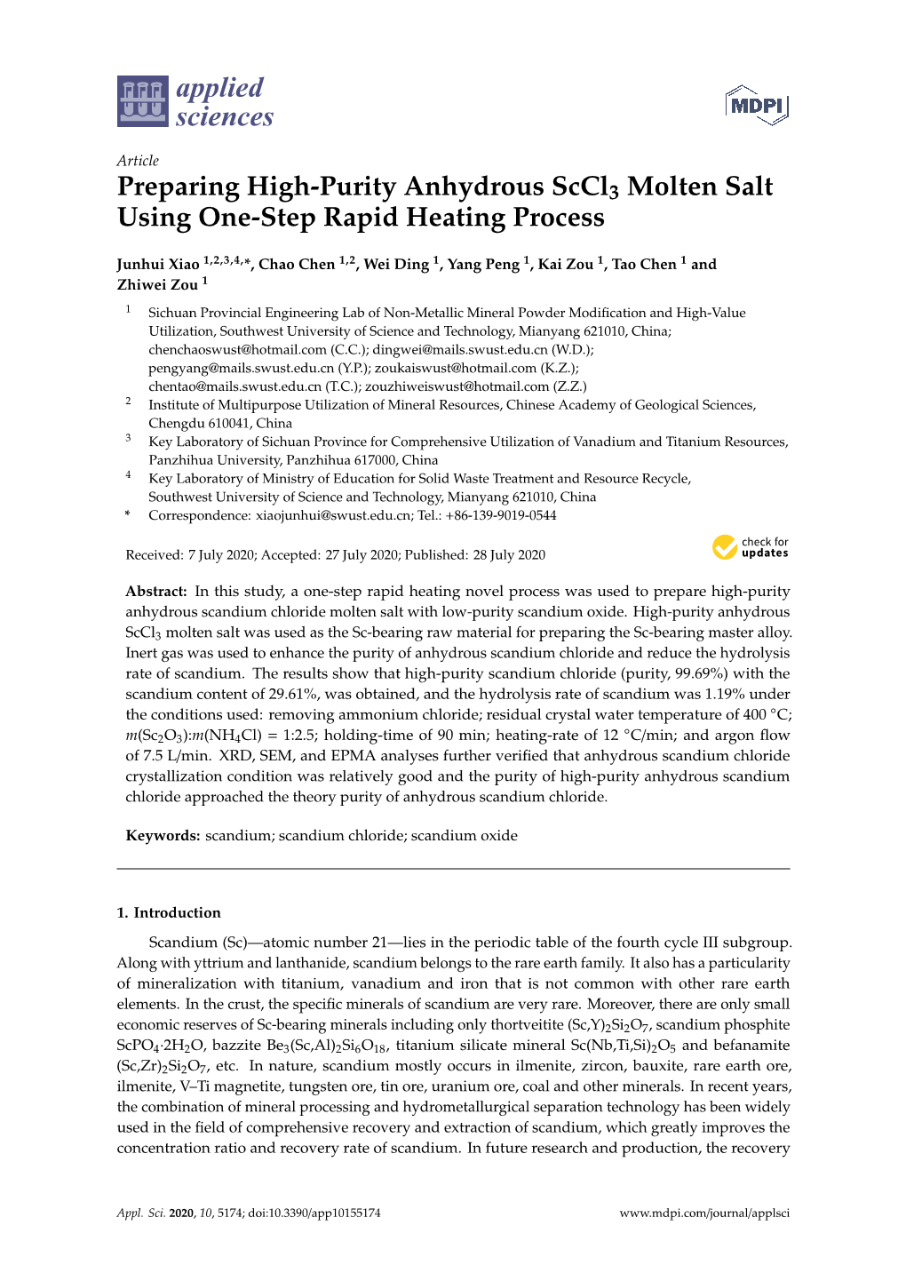 Preparing High-Purity Anhydrous Sccl3 Molten Salt Using One-Step Rapid Heating Process