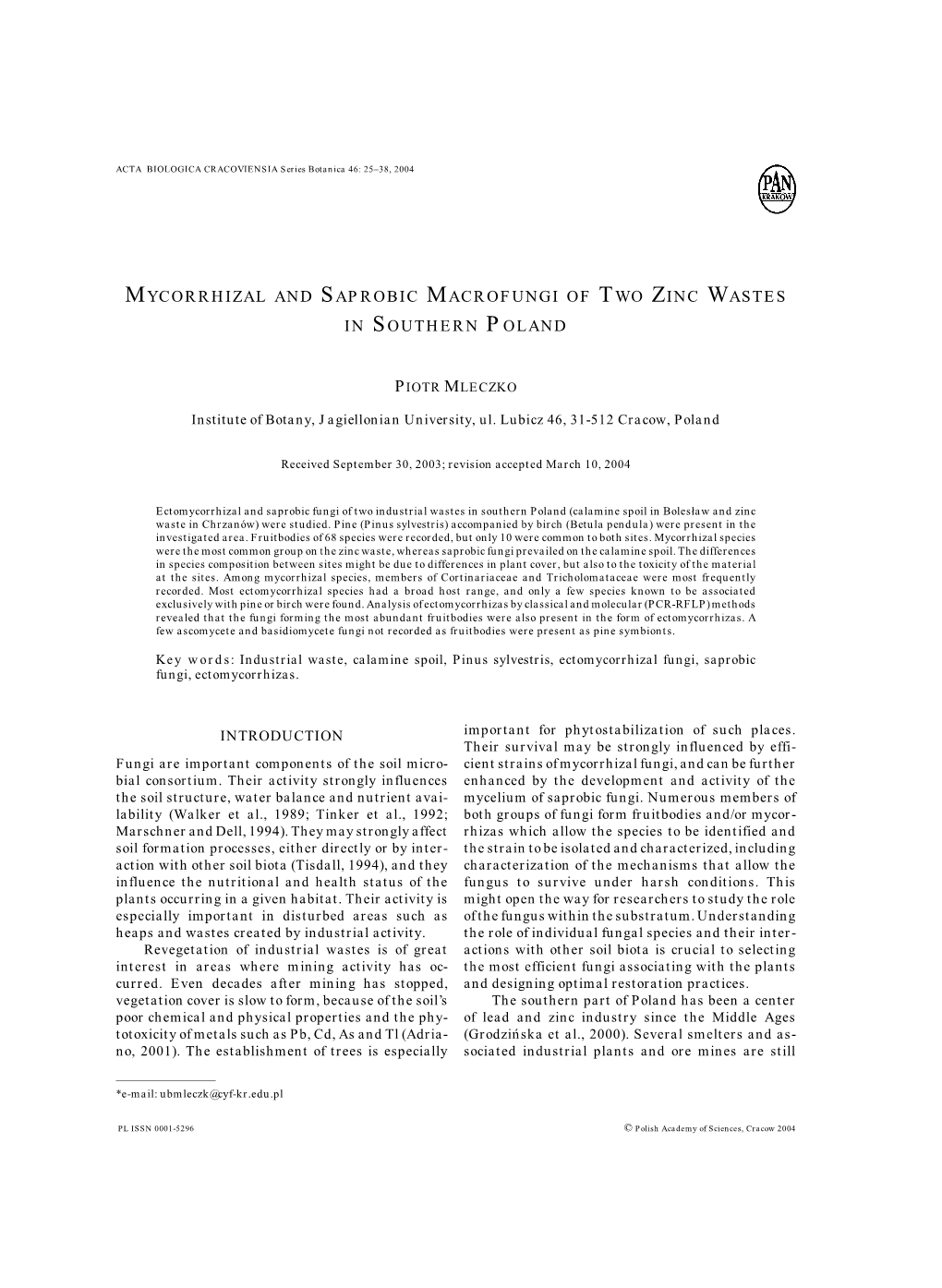 Mycorrhizal and Saprobic Macrofungi of Two Zinc Wastes in Southern Poland