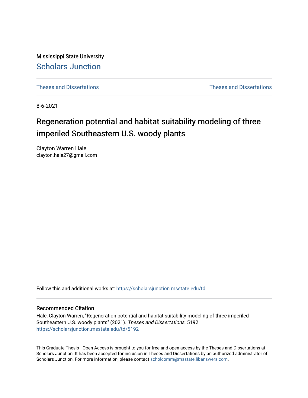 Regeneration Potential and Habitat Suitability Modeling of Three Imperiled Southeastern U.S