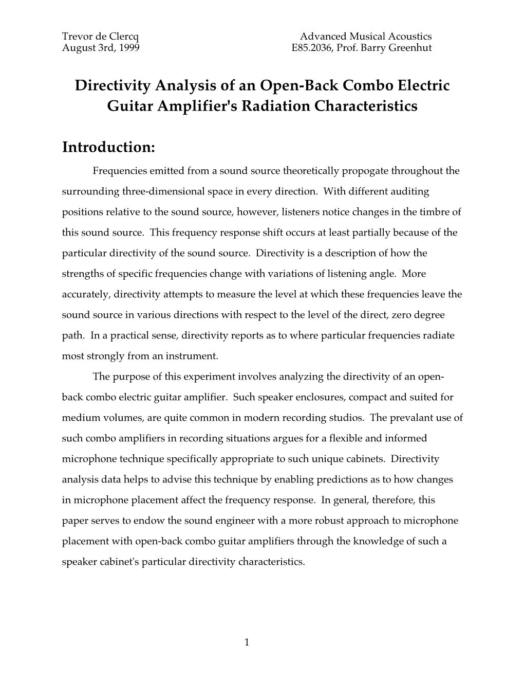 Directivity Analysis of an Open-Back Combo Electric Guitar Amplifier's Radiation Characteristics