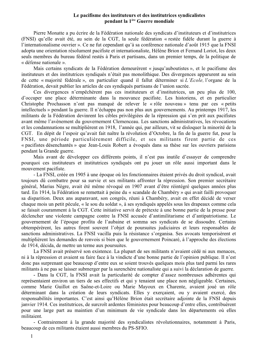 Le Pacifisme Des Instituteurs Et Des Institutrices Syndicalistes Pendant La 1Ère Guerre Mondiale