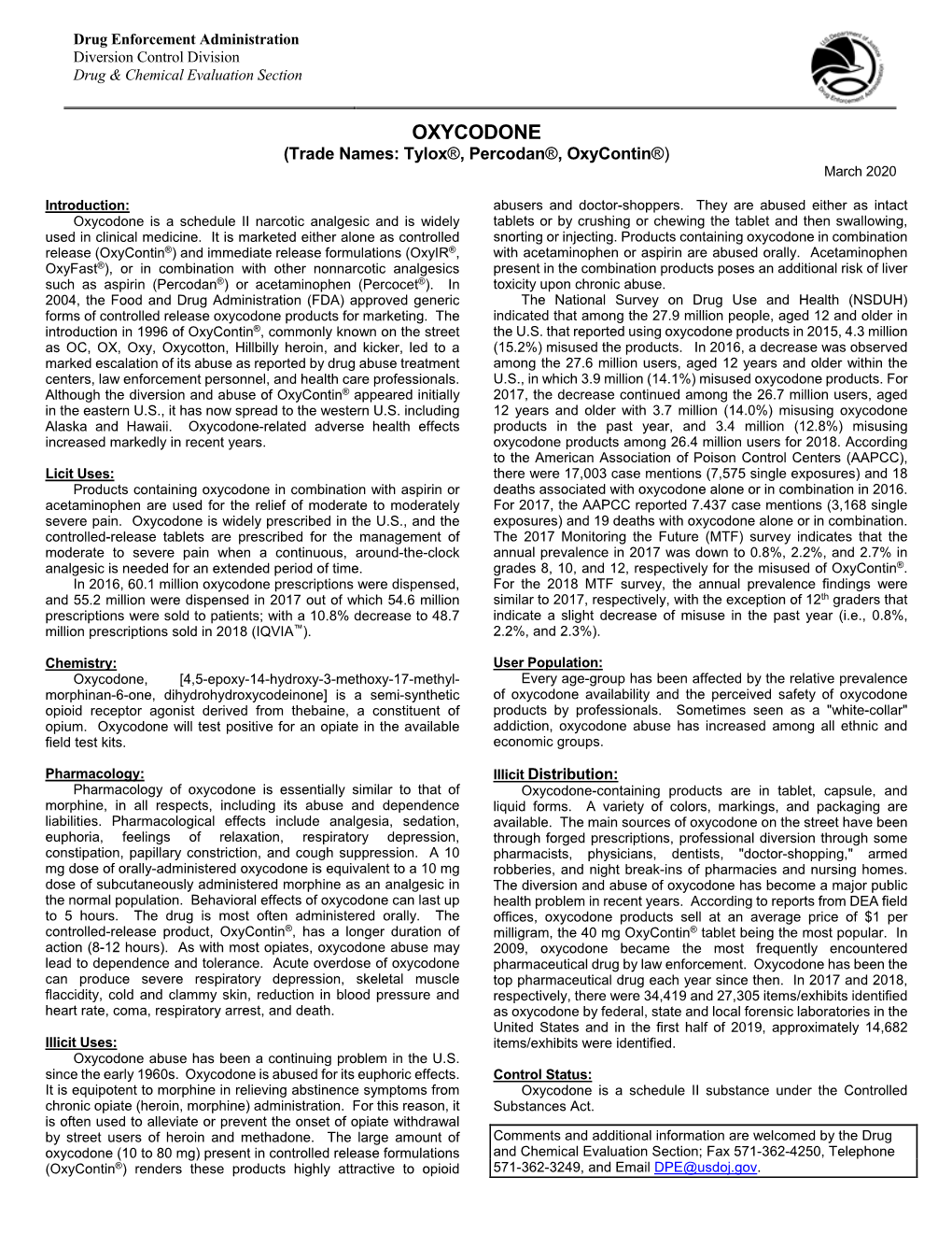 OXYCODONE (Trade Names: Tylox®, Percodan®, Oxycontin®) March 2020