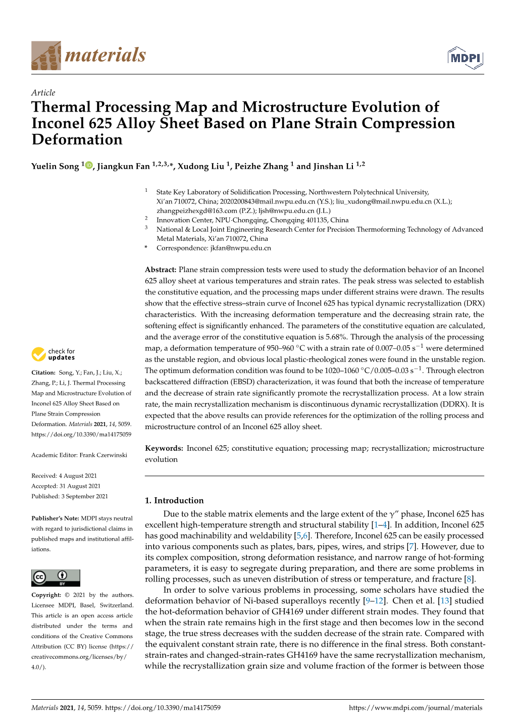Thermal Processing Map and Microstructure Evolution of Inconel 625 Alloy Sheet Based on Plane Strain Compression Deformation