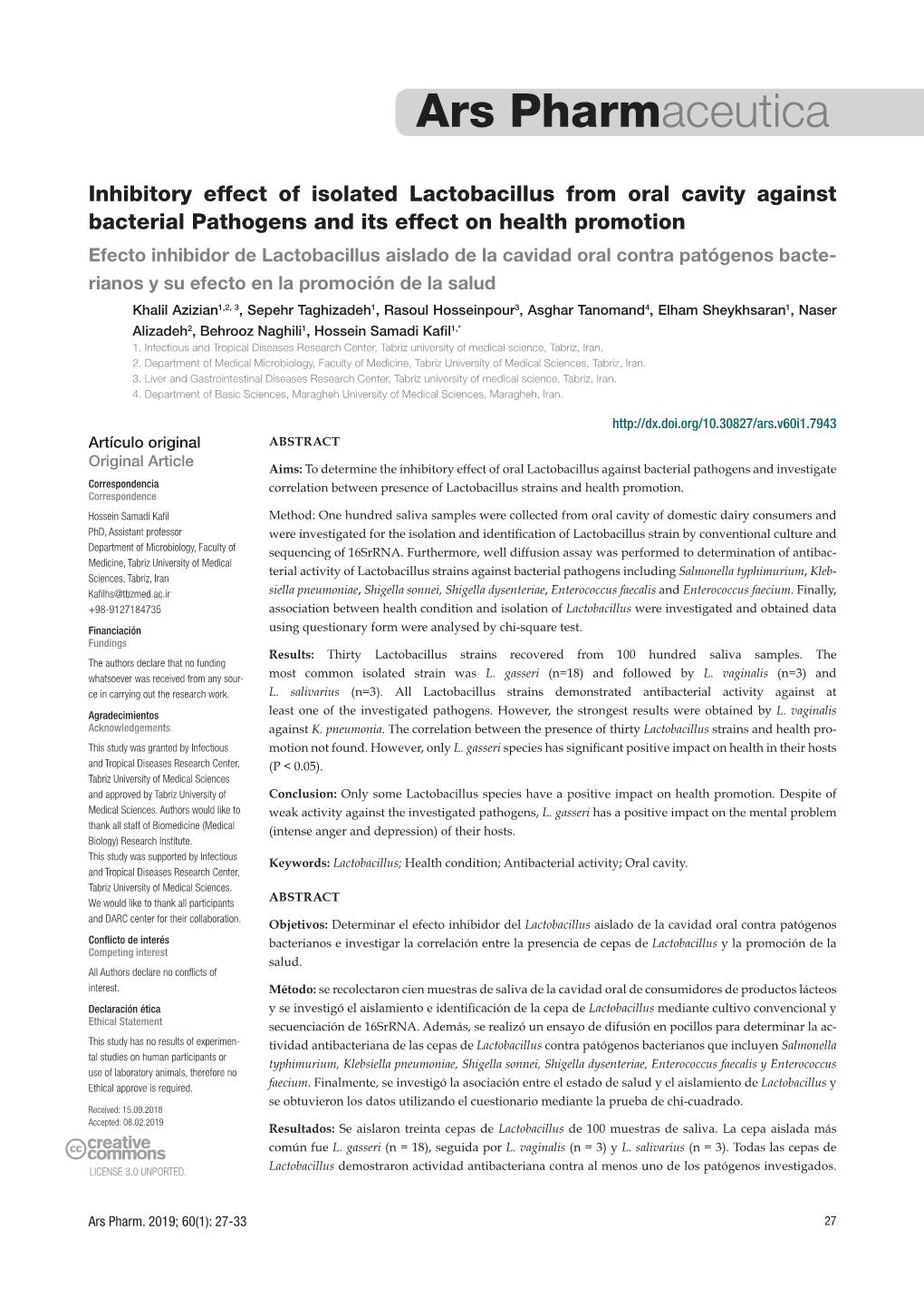 Inhibitory Effect of Isolated Lactobacillus from Oral Cavity