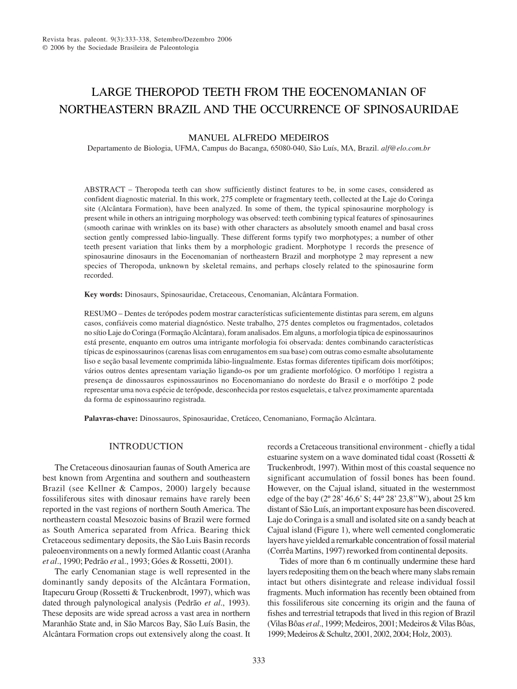 Large Theropod Teeth from the Eocenomanian of Northeastern Brazil and the Occurrence of Spinosauridae