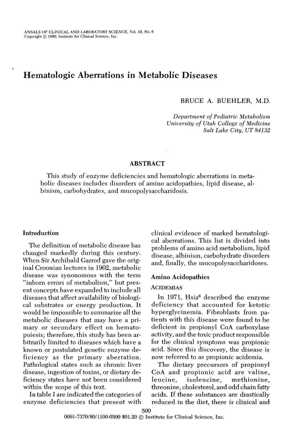 Hematologic Aberrations in Metabolic Diseases