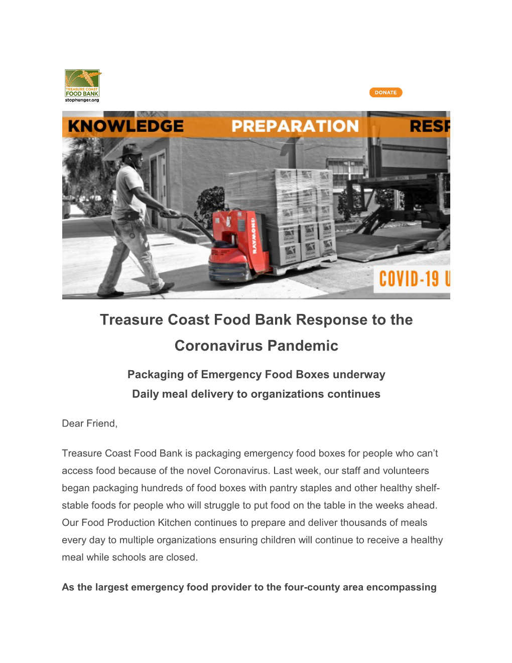 Treasure Coast Food Bank Response to the Coronavirus Pandemic