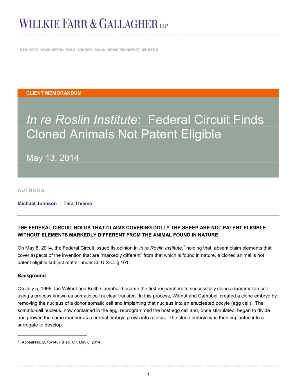 In Re Roslin Institute: Federal Circuit Finds Cloned Animals Not Patent Eligible