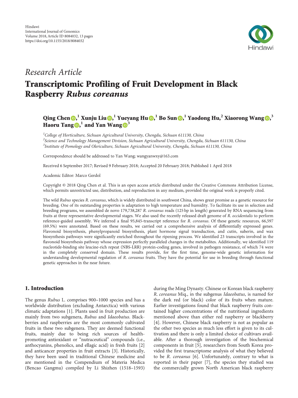 Research Article Transcriptomic Profiling of Fruit Development in Black Raspberry Rubus Coreanus
