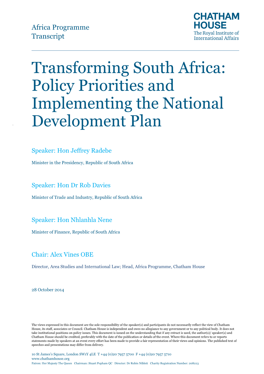 Transforming South Africa: Policy Priorities and Implementing the National Development Plan