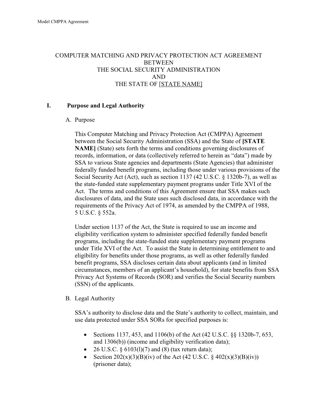 Computer Matching and Privacy Protection Act Agreement Between the Social Security Administration and the State of [State Name]