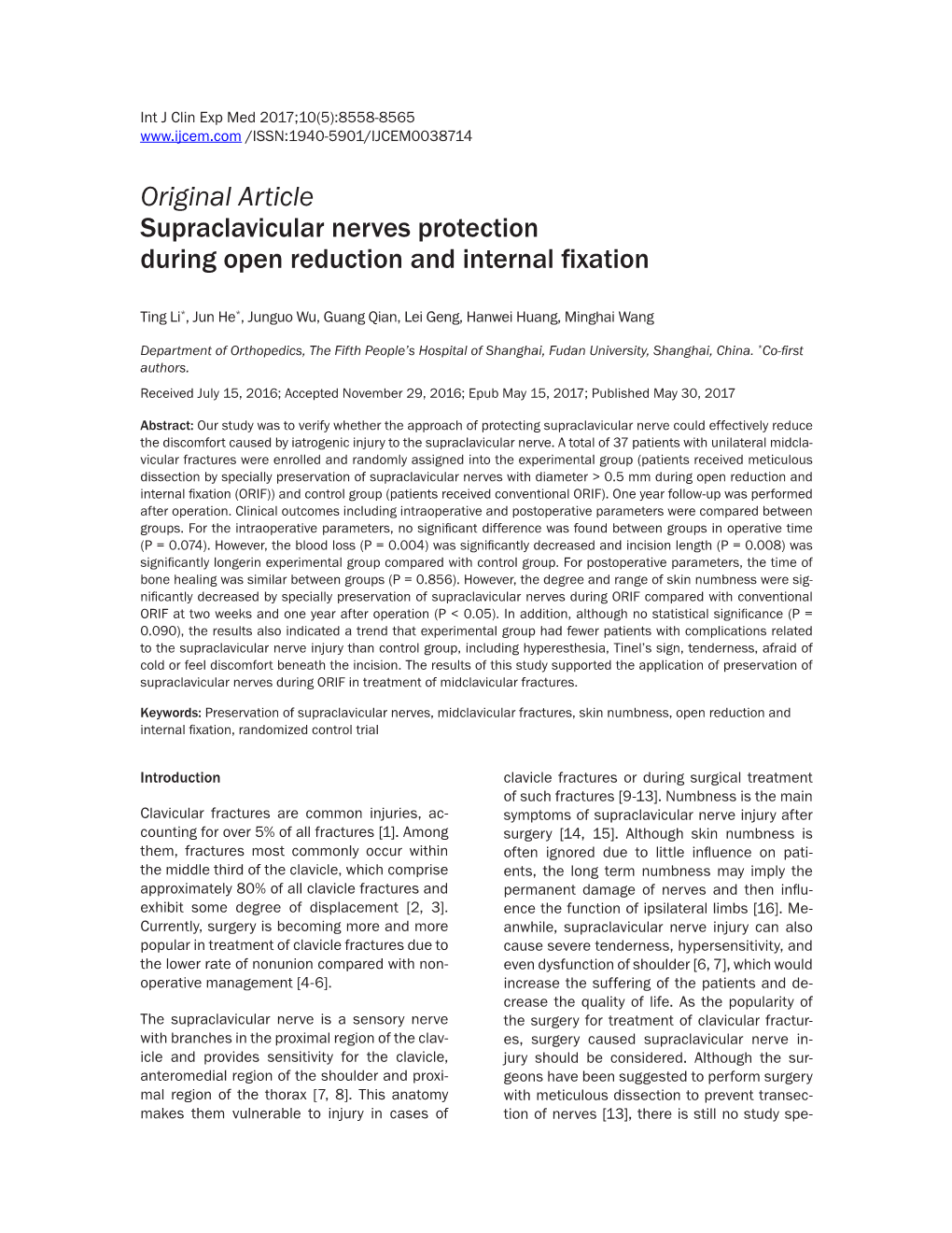 Original Article Supraclavicular Nerves Protection During Open Reduction and Internal Fixation