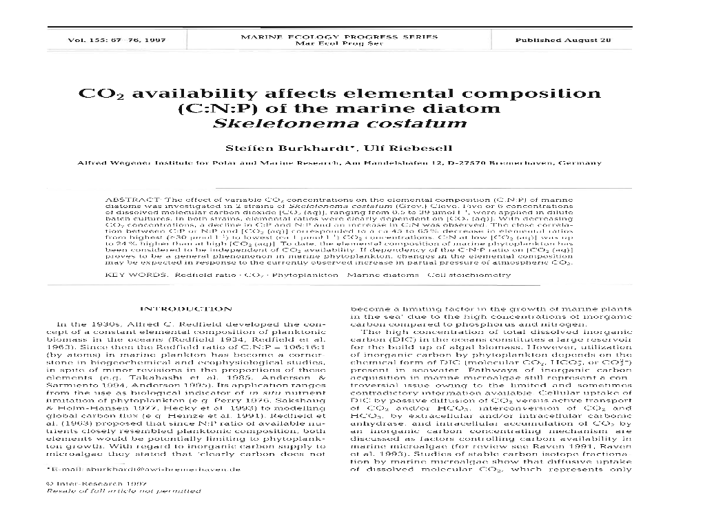 CO2 Availability Affects Elemental Composition (C:N:P) of the Marine Diatom Skeletonema Costa Tum