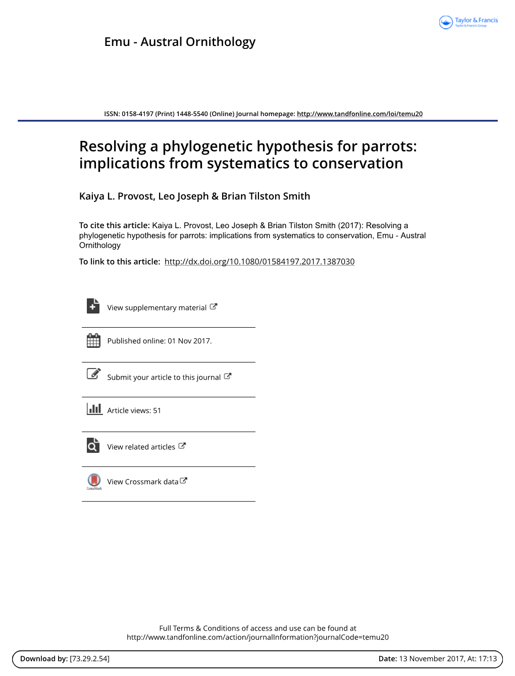 Resolving a Phylogenetic Hypothesis for Parrots: Implications from Systematics to Conservation