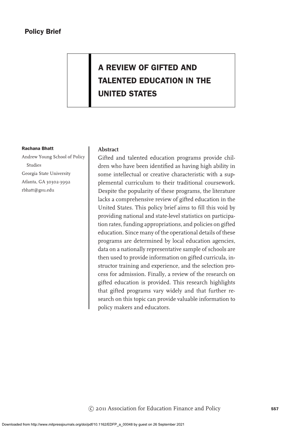 A Review of Gifted and Talented Education in the United States