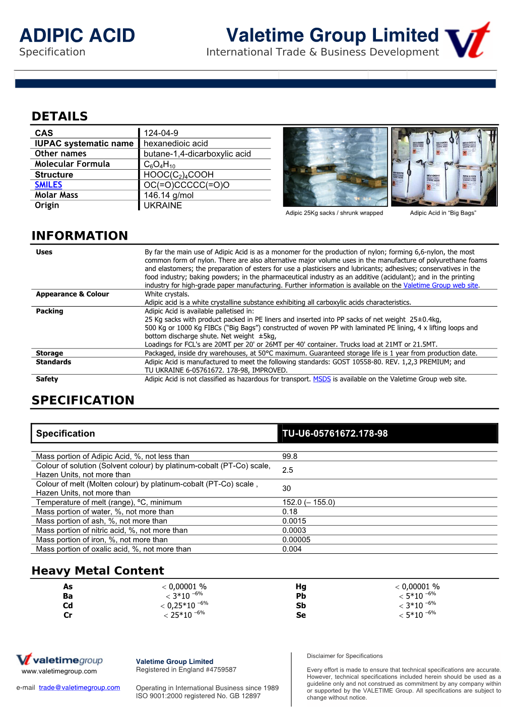 Adipic Acid Specification