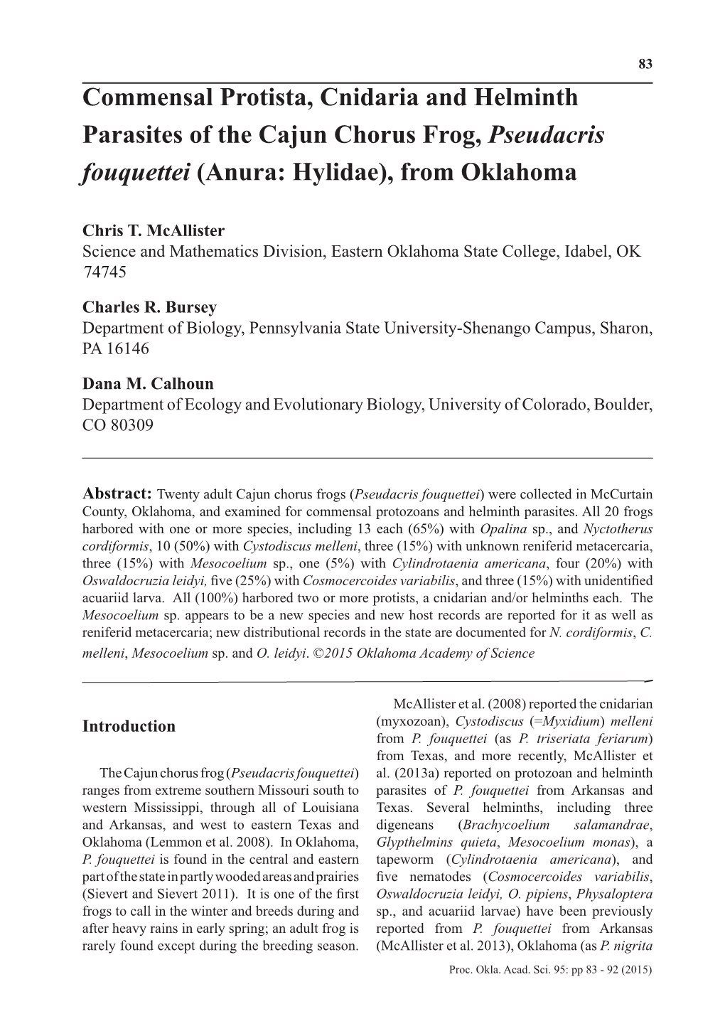 Commensal Protista, Cnidaria and Helminth Parasites of the Cajun Chorus Frog, Pseudacris Fouquettei (Anura: Hylidae), from Oklahoma