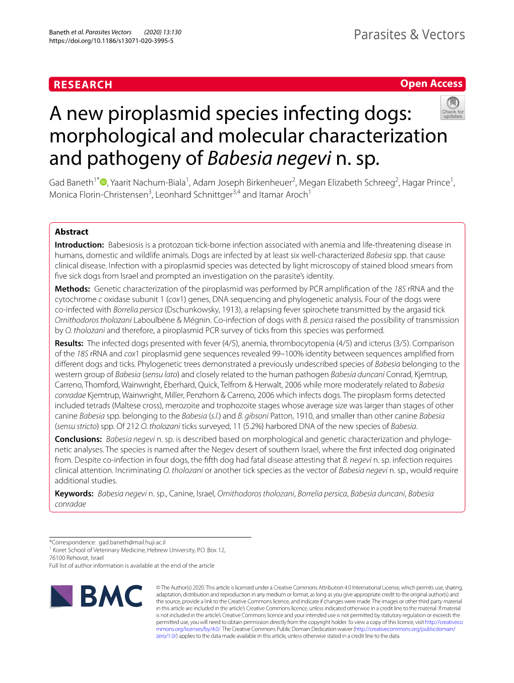 A New Piroplasmid Species Infecting Dogs: Morphological and Molecular Characterization and Pathogeny of Babesia Negevi N