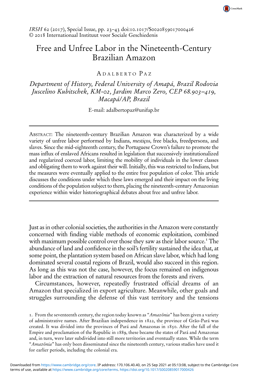 Free and Unfree Labor in the Nineteenth-Century Brazilian Amazon