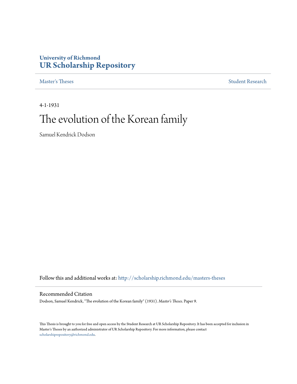 The Evolution of the Korean Family Samuel Kendrick Dodson