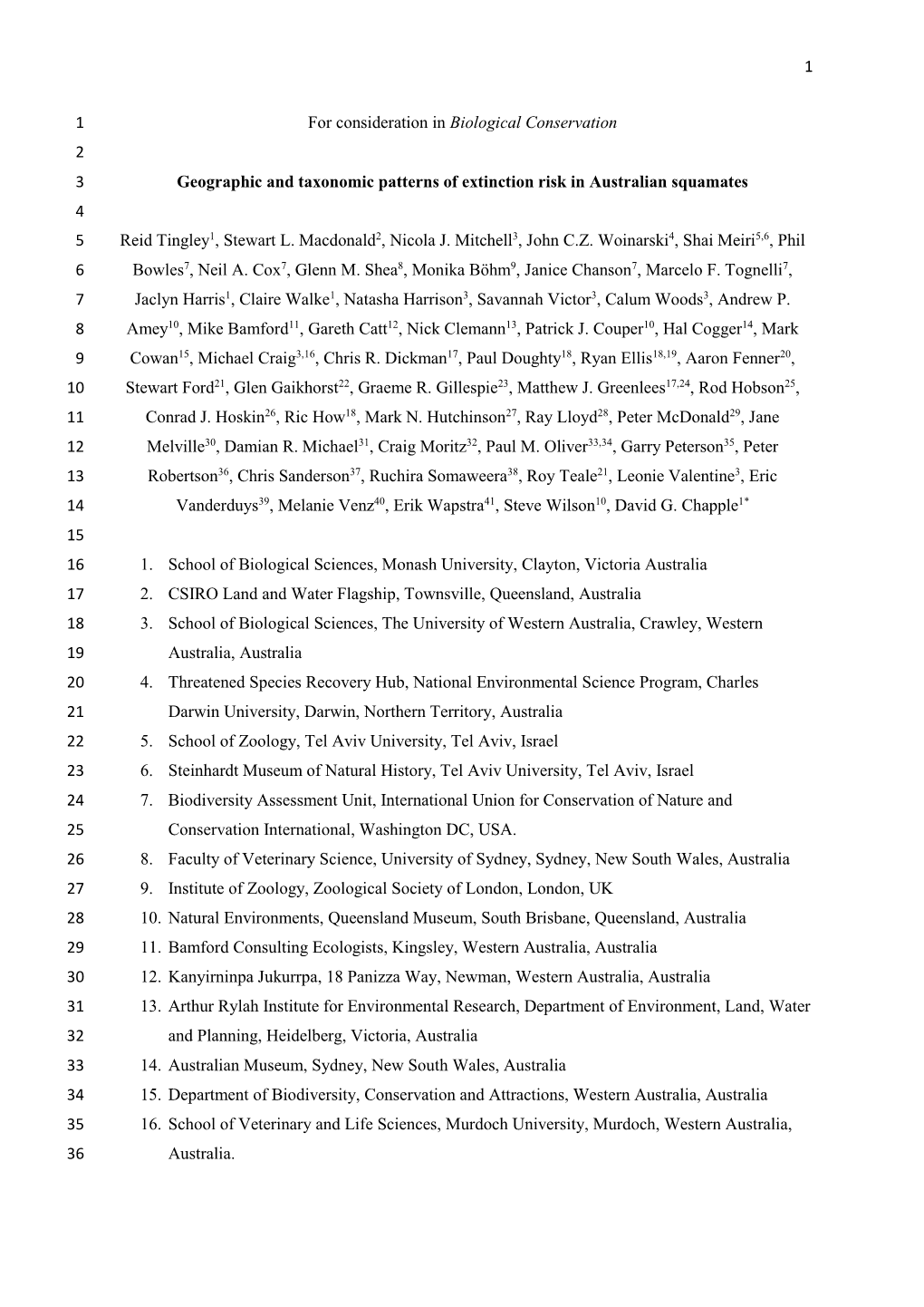 1 for Consideration in Biological Conservation 1 2 Geographic and Taxonomic Patterns of Extinction Risk in Australian Squamates