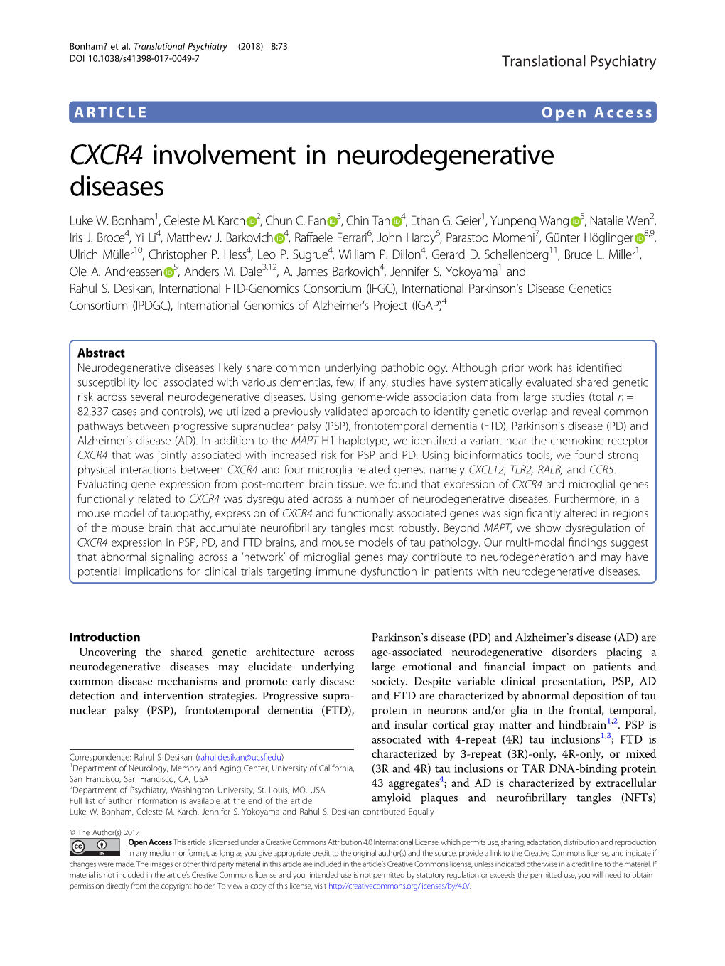 CXCR4 Involvement in Neurodegenerative Diseases Luke W