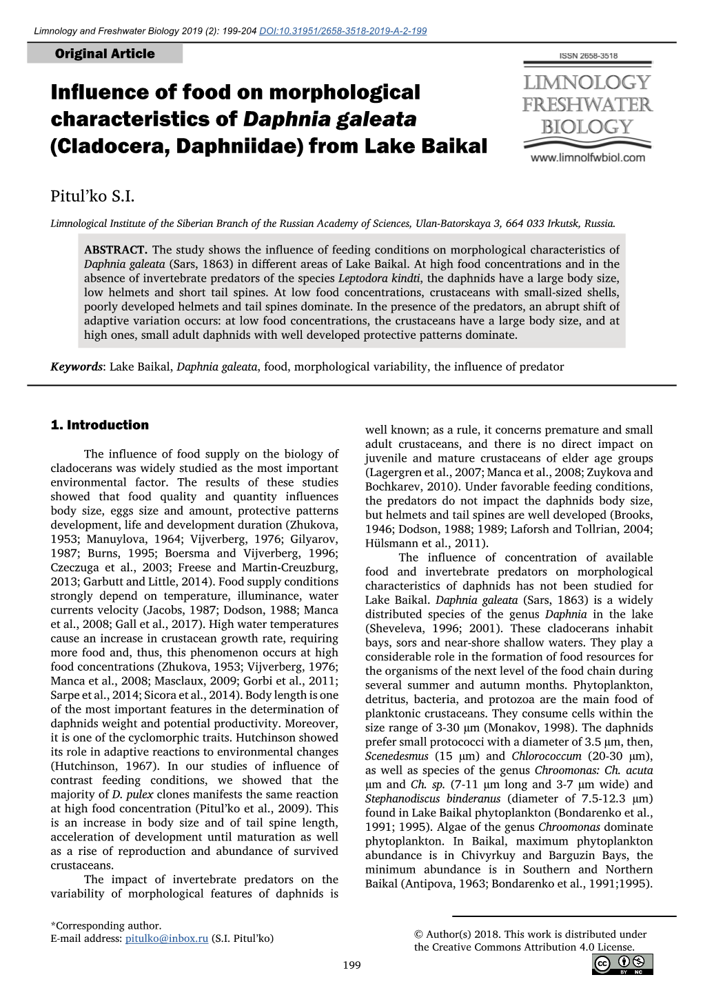 Influence of Food on Morphological Characteristics of Daphnia Galeata (Cladocera, Daphniidae) from Lake Baikal