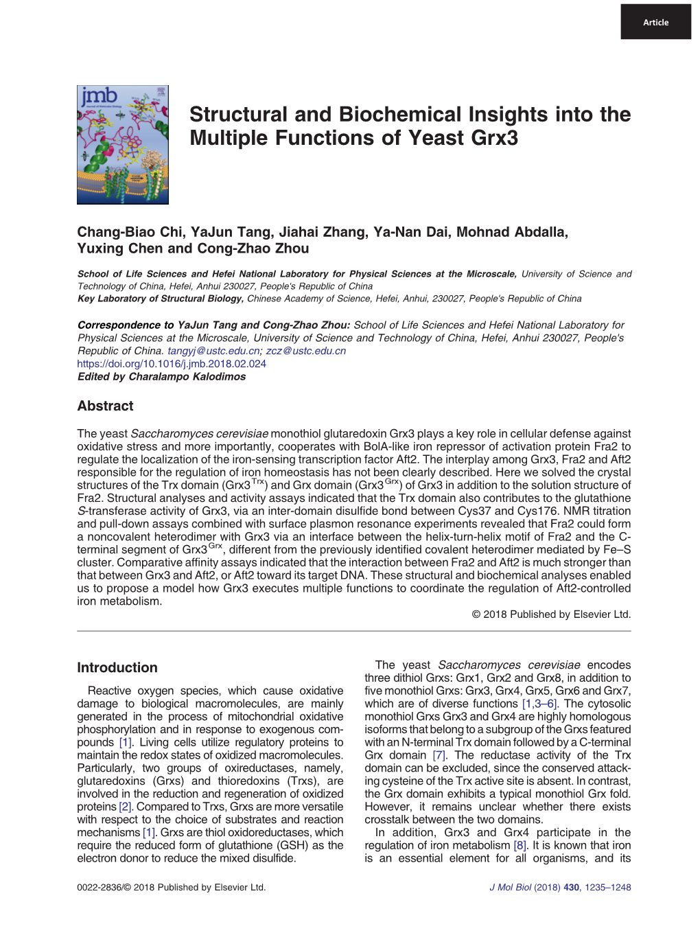 Structural and Biochemical Insights Into the Multiple Functions of Yeast Grx3