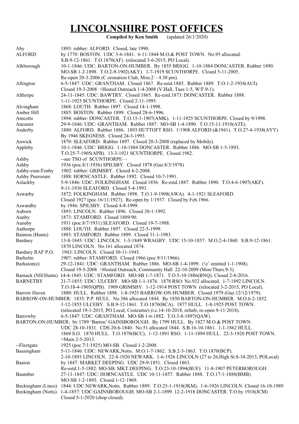 LINCOLNSHIRE POST OFFICES Compiled by Ken Smith (Updated 26/1/2020)