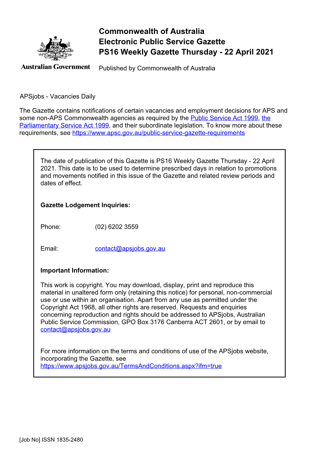 Commonwealth of Australia Electronic Public Service Gazette PS16 Weekly Gazette Thursday - 22 April 2021