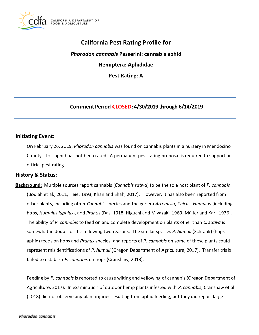 2019 Pest Rating Profile for Phorodon Cannabis