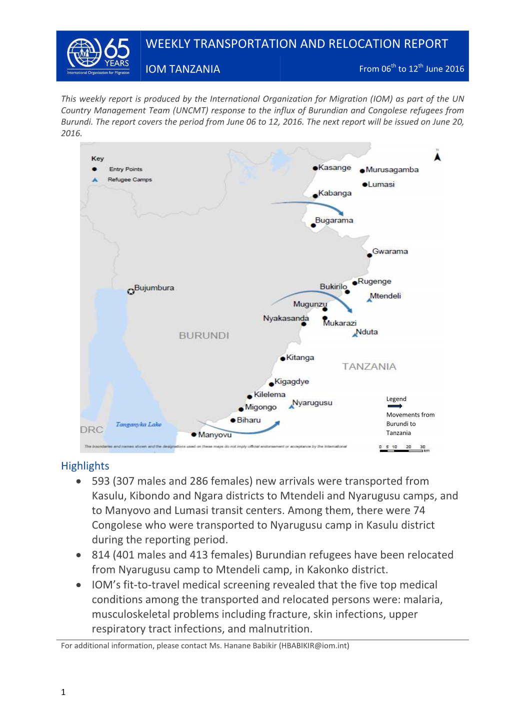 IOM Tanzania Weekly Transportation and Relocation Report, 06-12 June 2016