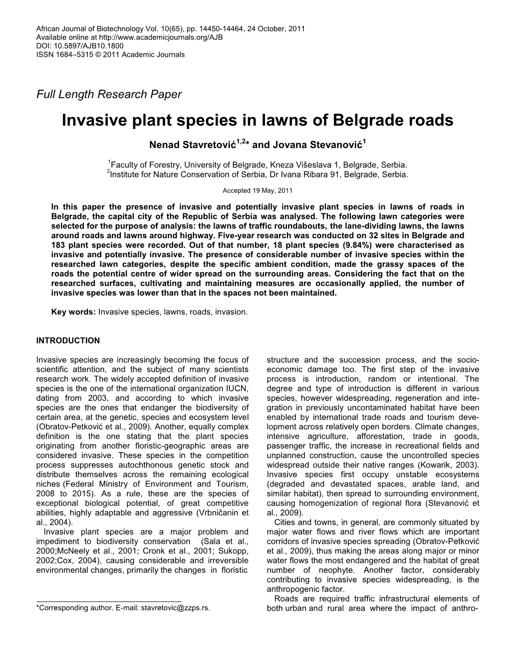 Invasive Plant Species in Lawns of Belgrade Roads