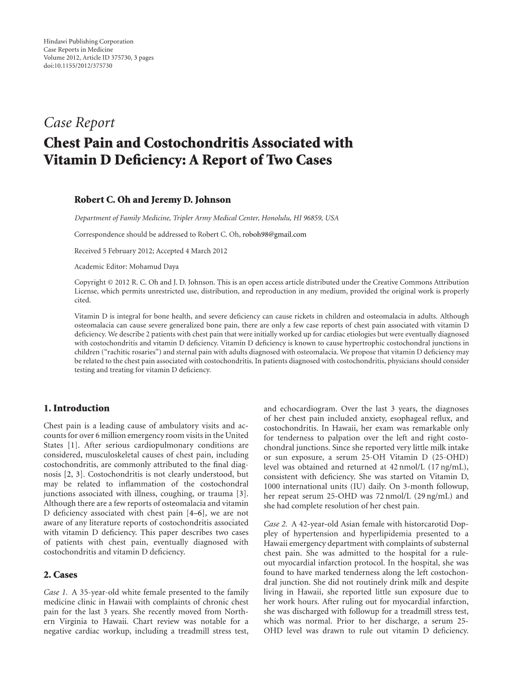 Chest Pain and Costochondritis Associated with Vitamin D Deficiency: a Report of Two Cases