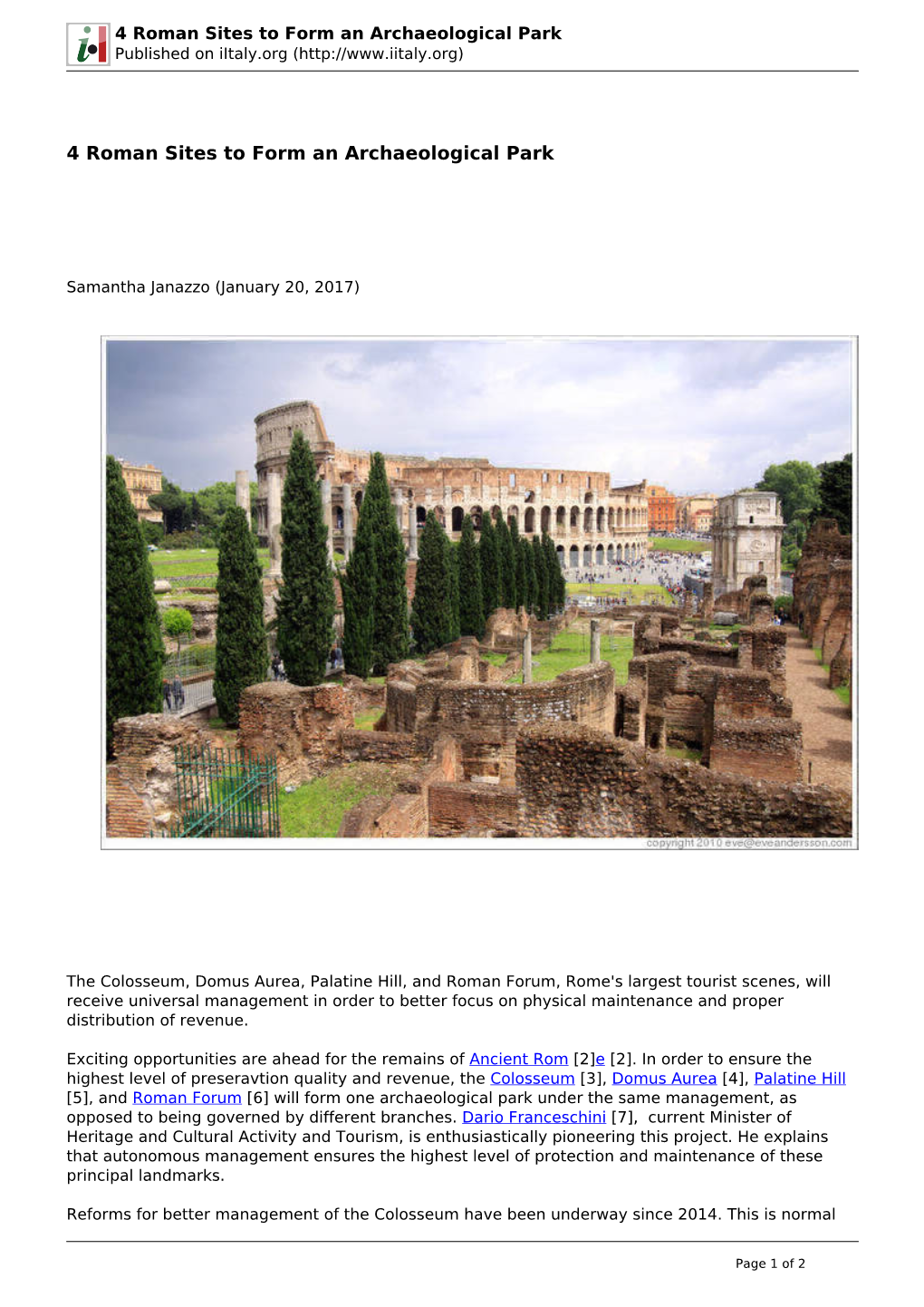 4 Roman Sites to Form an Archaeological Park Published on Iitaly.Org (