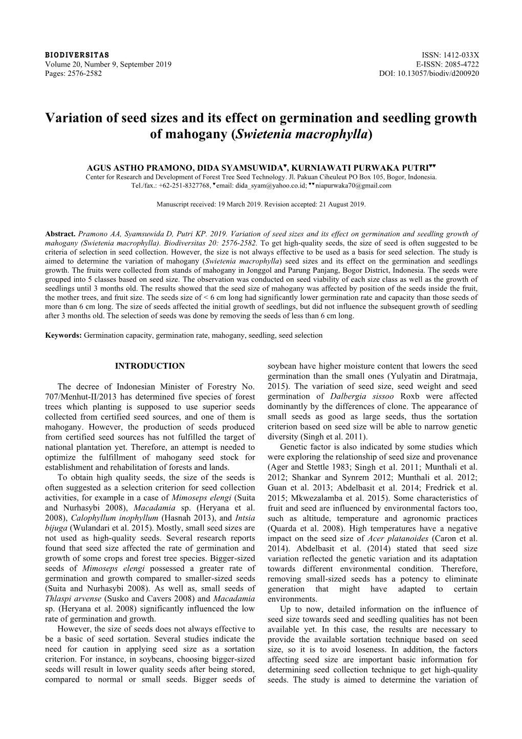 Variation of Seed Sizes and Its Effect on Germination and Seedling Growth of Mahogany (Swietenia Macrophylla)