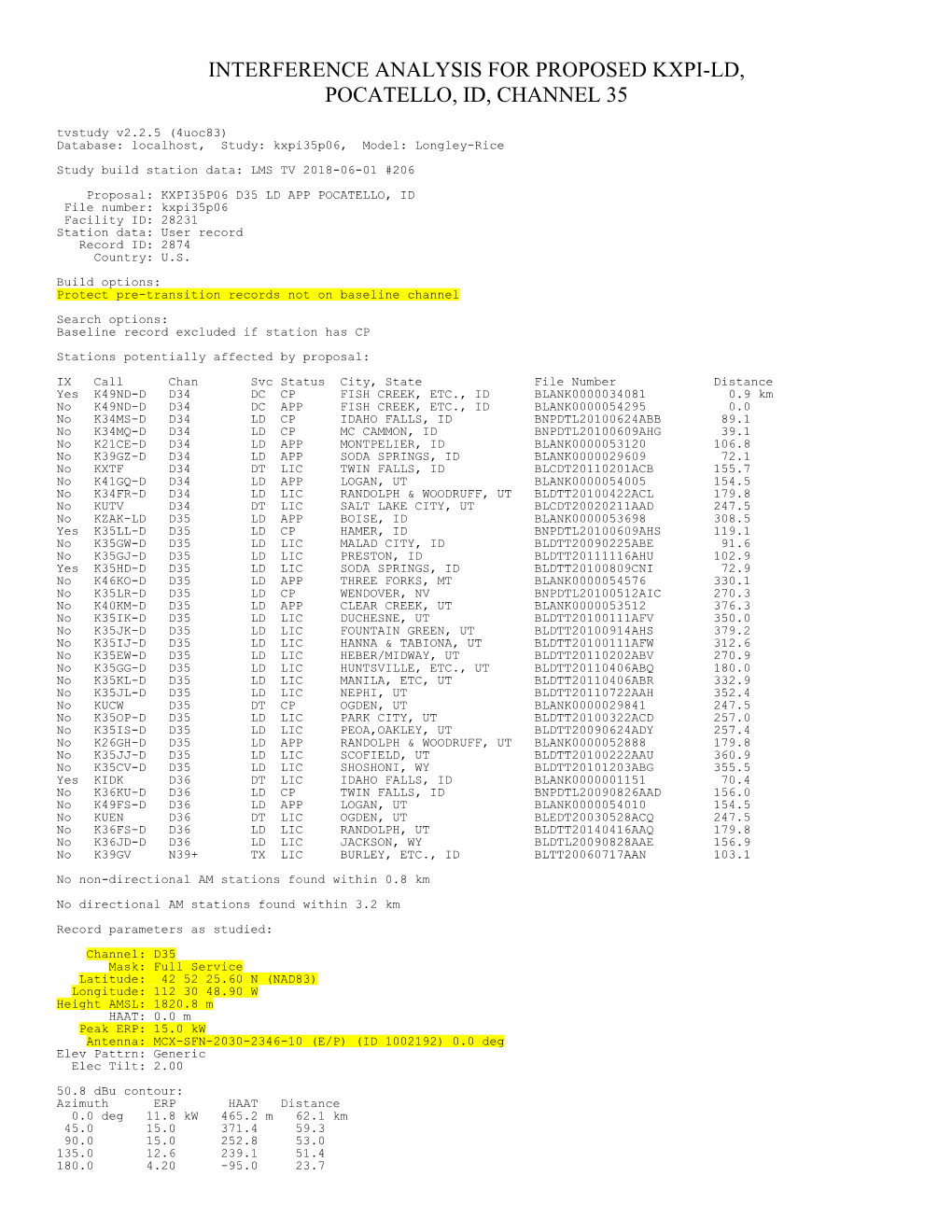 INTERFERENCE ANALYSIS for PROPOSED KXPI-LD, POCATELLO, ID, CHANNEL 35 Tvstudy V2.2.5 (4Uoc83) Database: Localhost, Study: Kxpi35p06, Model: Longley-Rice