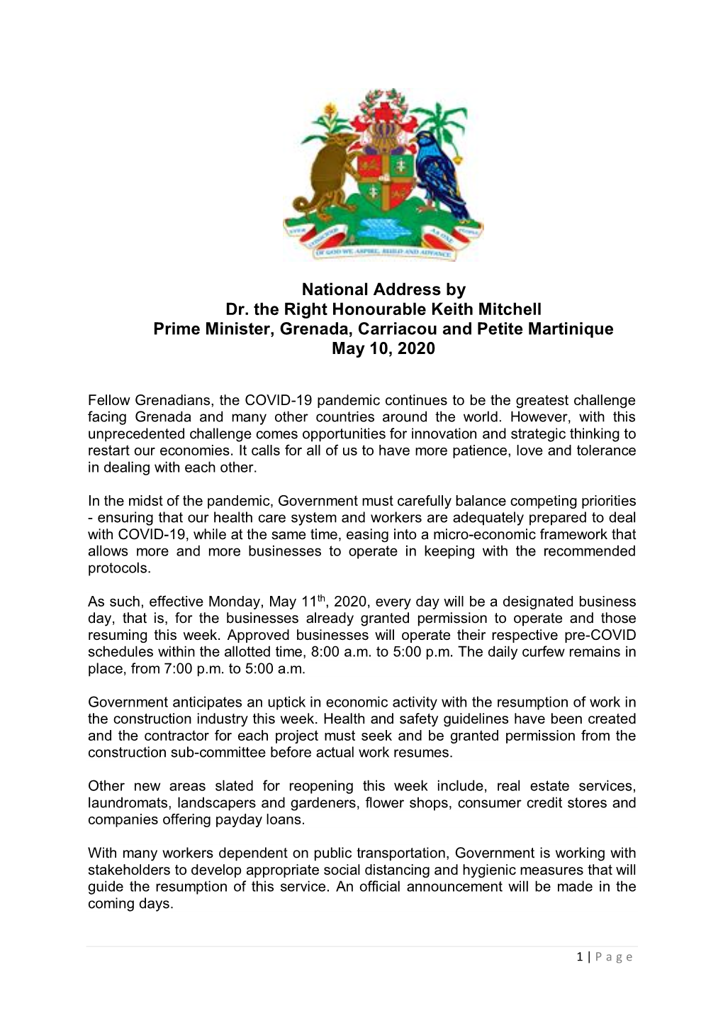 National Address by Prime Minister, Dr. the Rt. Hon. Keith Mitchell