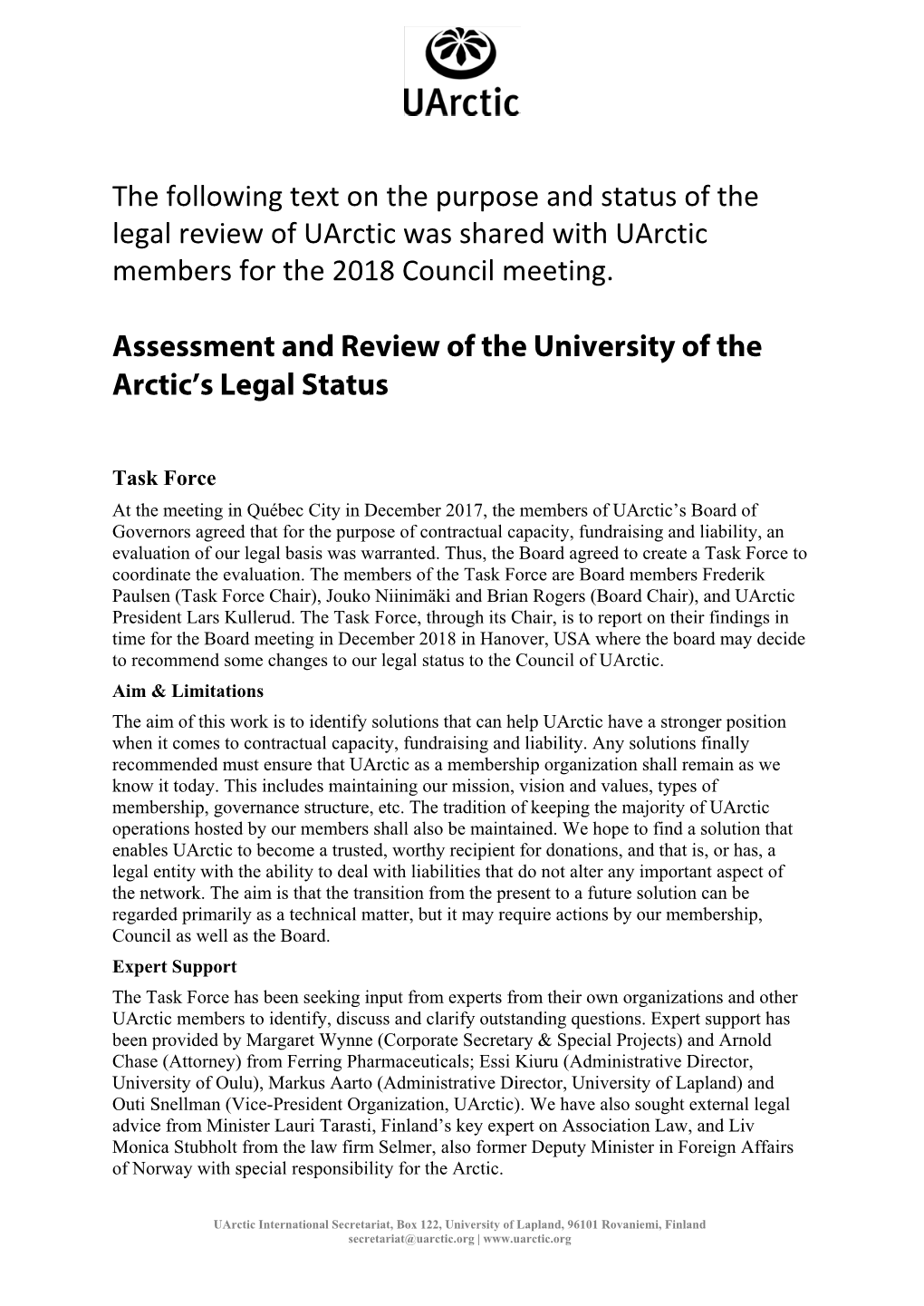 Review of Uarctic's Legal Status