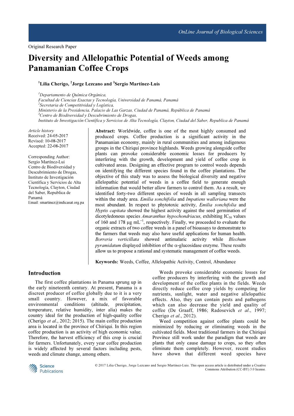 Diversity and Allelopathic Potential of Weeds Among Panamanian Coffee Crops