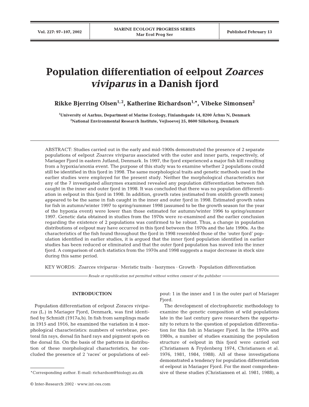 Population Differentiation of Eelpout Zoarces Viviparus in a Danish Fjord