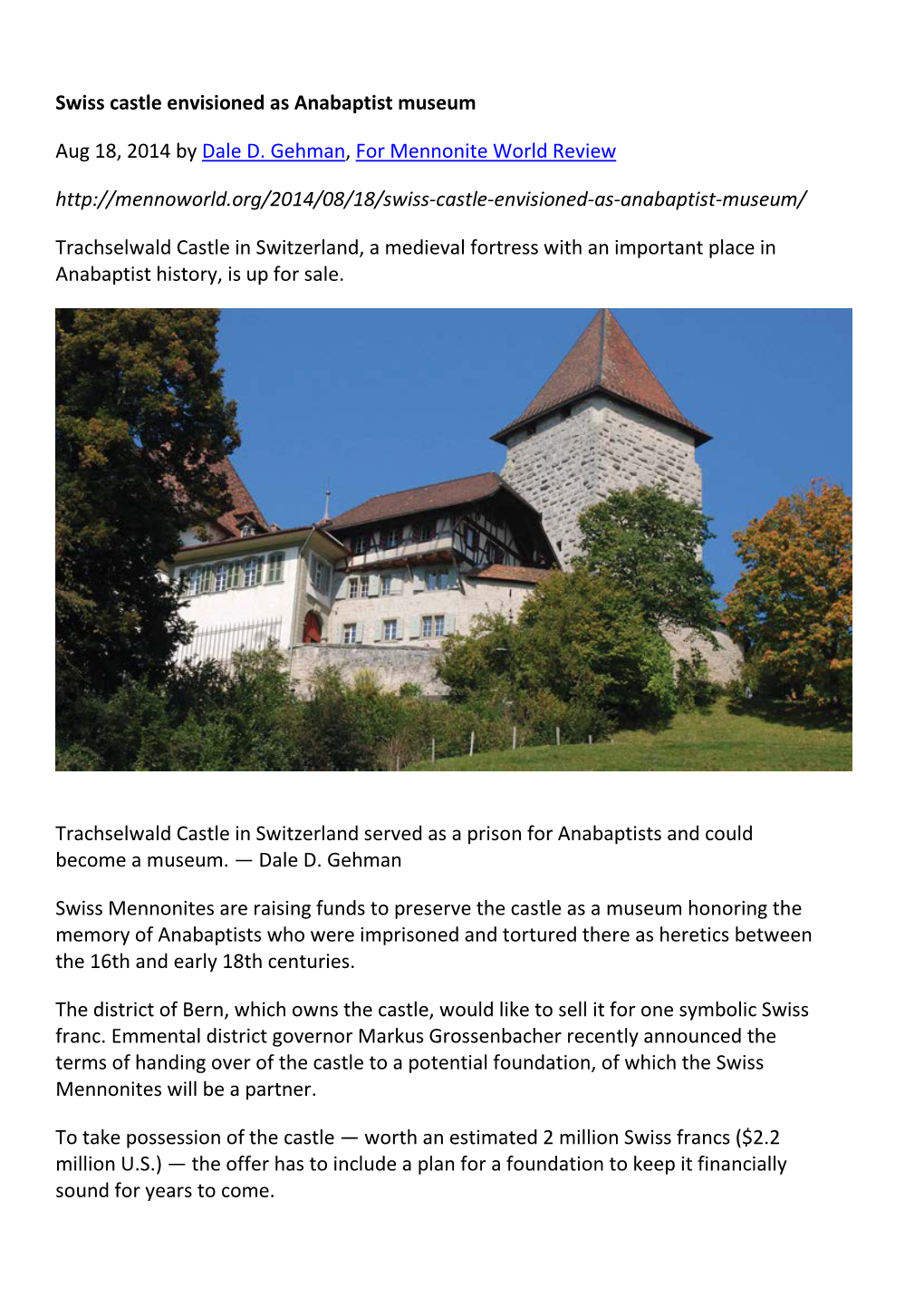 Swiss Castle Envisioned As Anabaptist Museum Aug 18, 2014 by Dale D