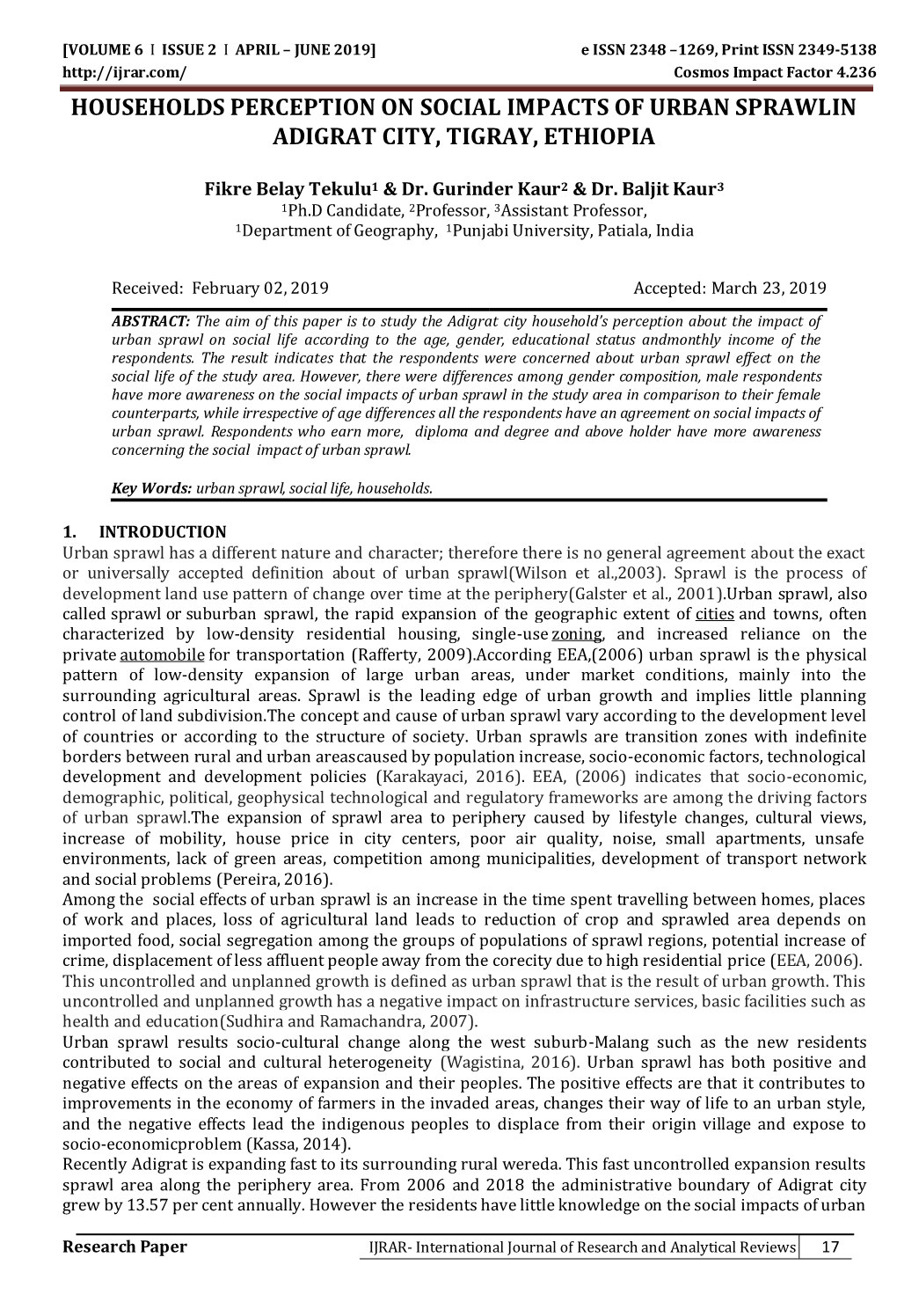 Households Perception on Social Impacts of Urban Sprawlin Adigrat City, Tigray, Ethiopia