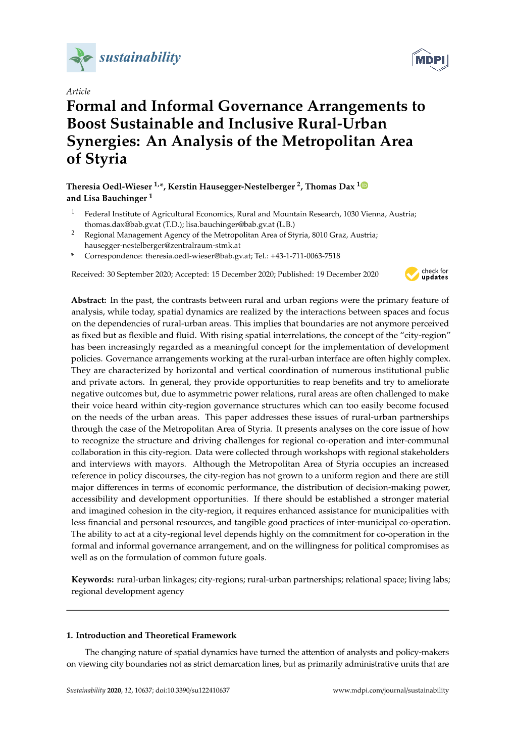 Formal and Informal Governance Arrangements to Boost Sustainable and Inclusive Rural-Urban Synergies: an Analysis of the Metropolitan Area of Styria