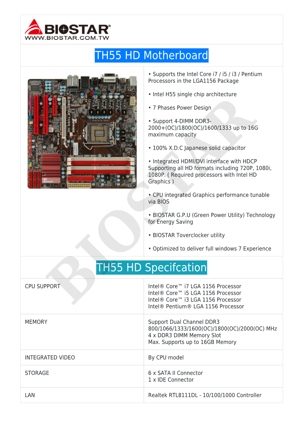 TH55 HD Motherboard TH55 HD Specifcation