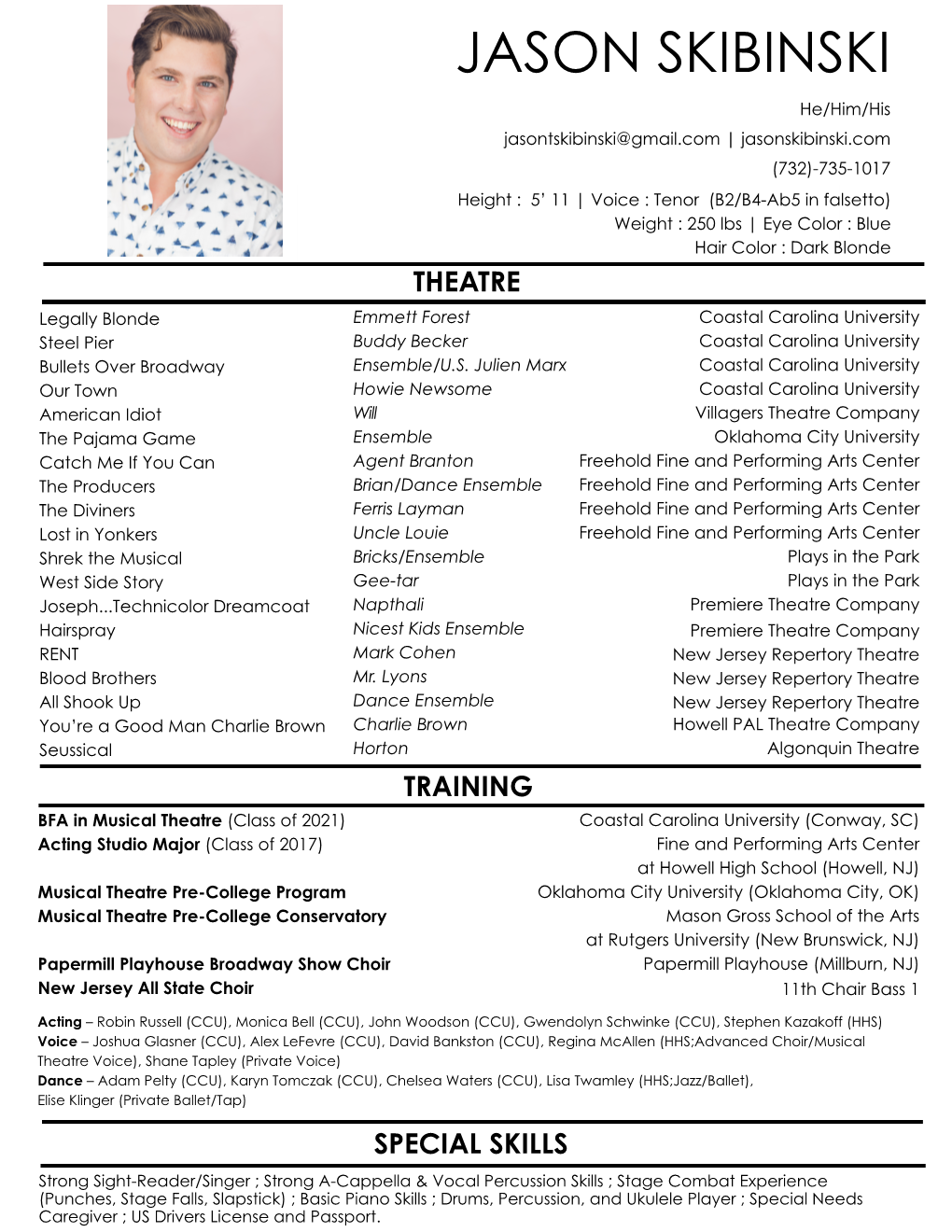 J. Skibinski College Performance Resume with Photo