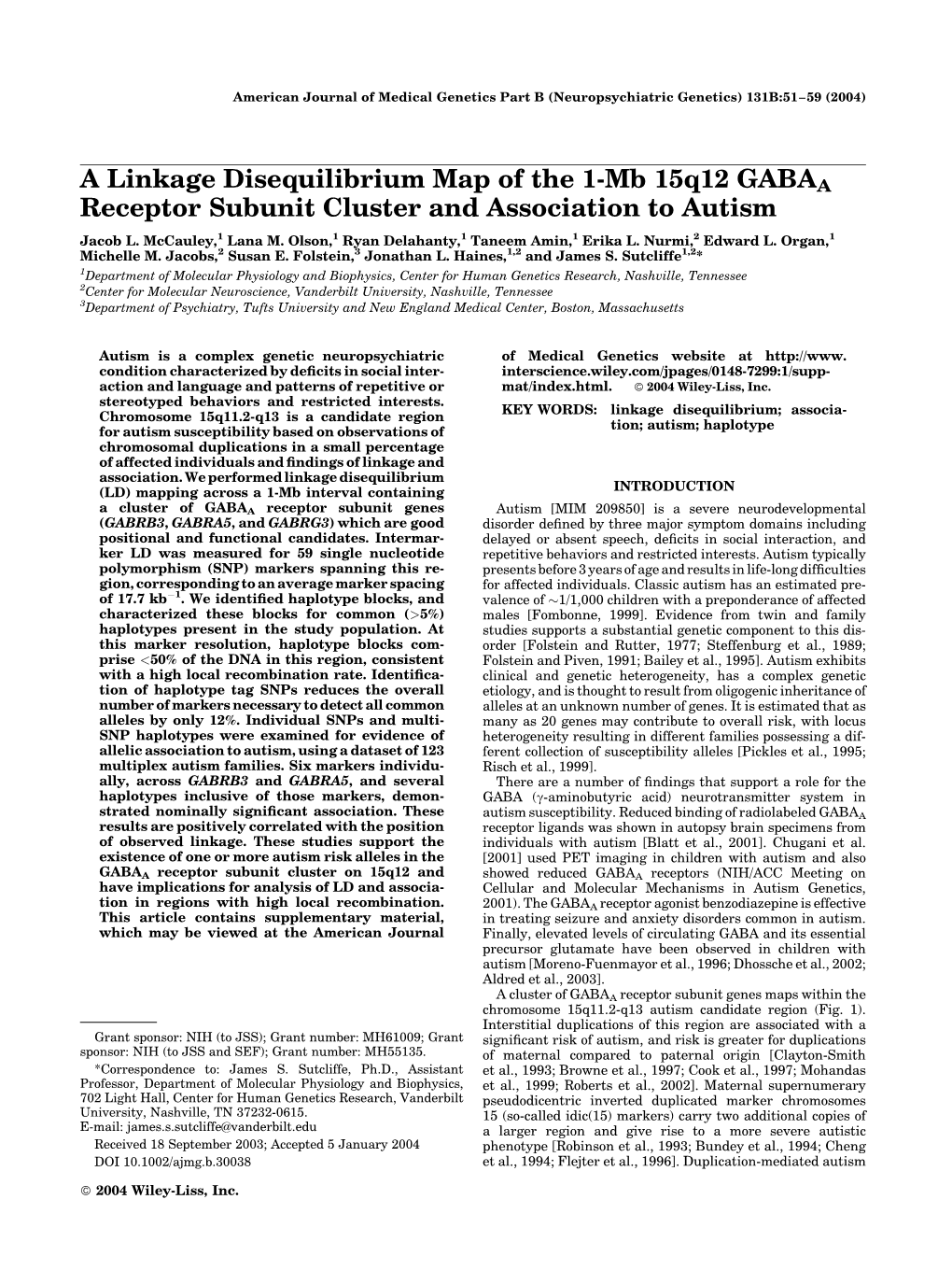 A Linkage Disequilibrium Map of the 1-Mb 15Q12 GABAA Receptor Subunit Cluster and Association to Autism Jacob L