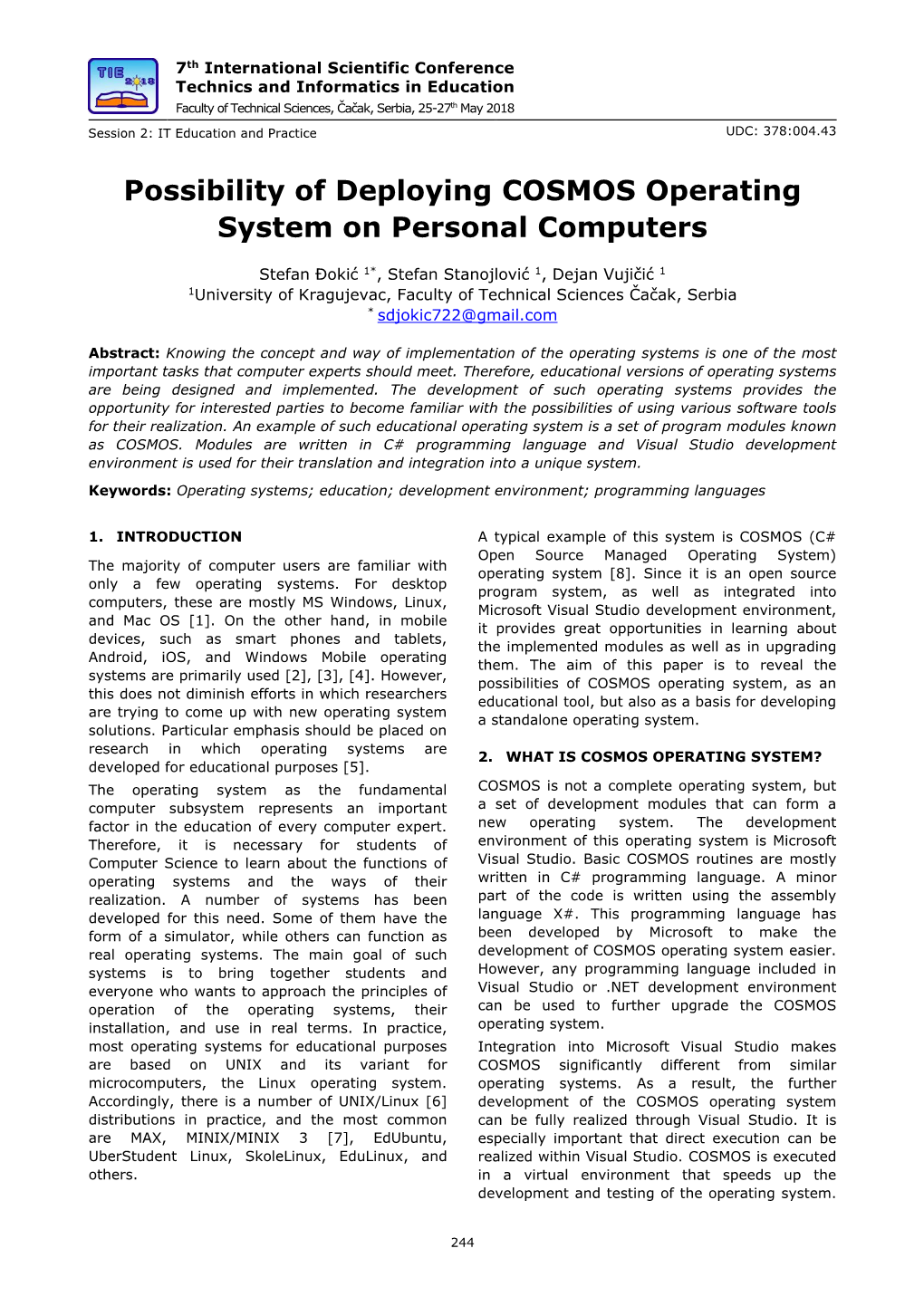 Possibility of Deploying COSMOS Operating System on Personal Computers