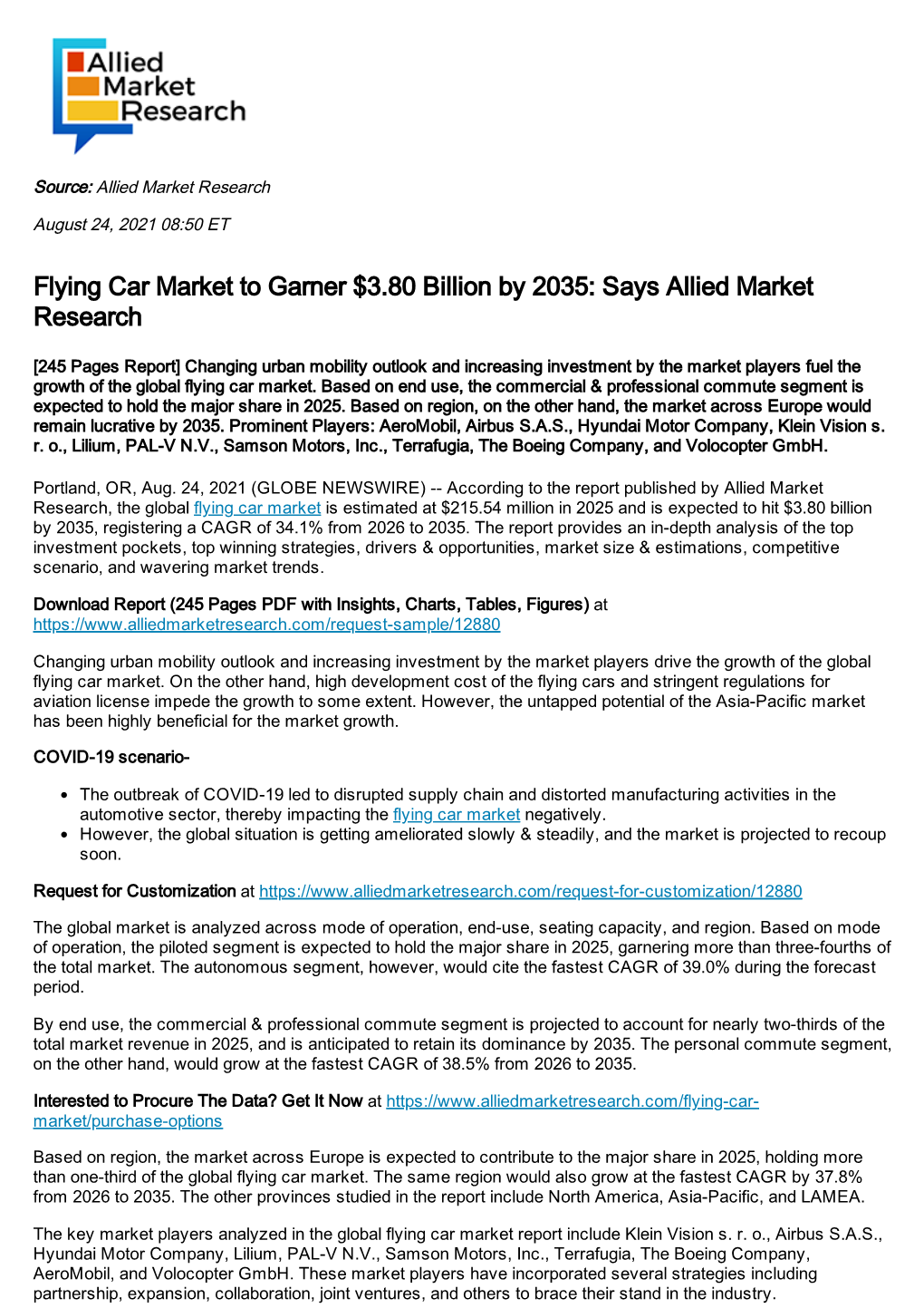 Flying Car Market to Garner $3.80 Billion by 2035: Says Allied Market Research