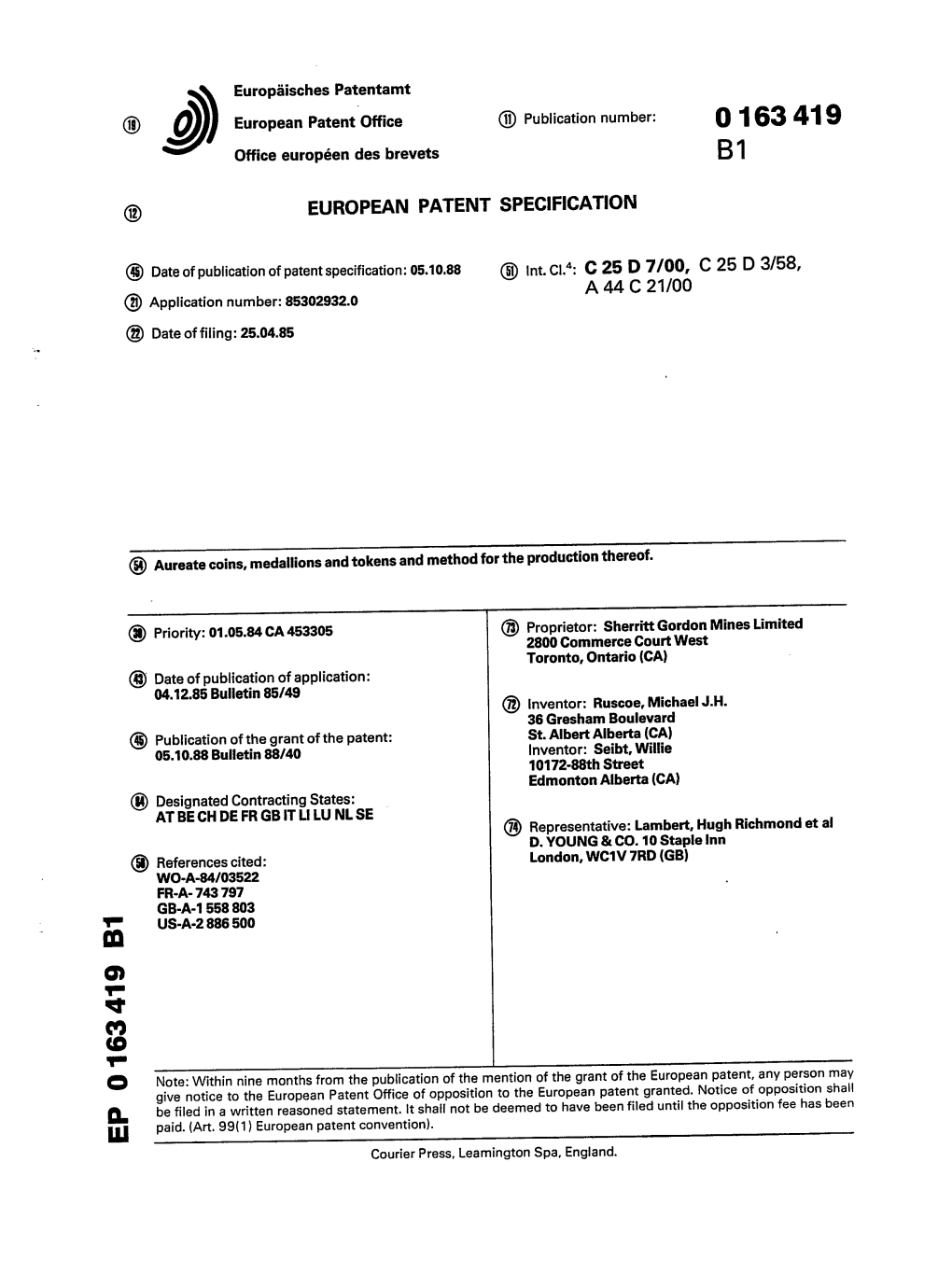 Aureate Coins, Medallions and Tokens and Method for the Production